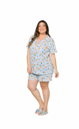 Pijama Americano Manga Curta Plus Size Algodão - Azul Claro com Estampa Pêssegos