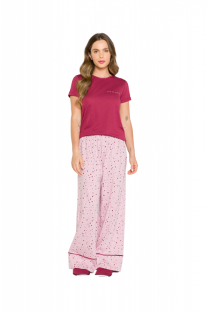 Pijama Feminino Pantalona - Blusa Bordo e Calça Rosa Com Estampa