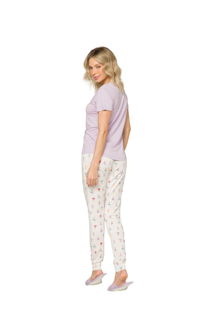 Pijama Com Calça Verão - Blusa Lilás e Calça Estampada