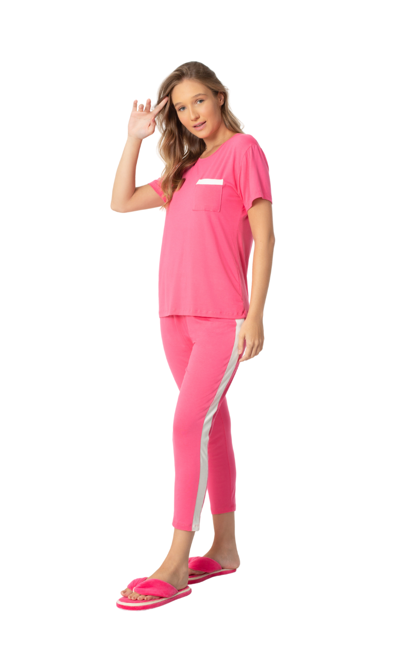 Pijama Feminino Capri Manga Curta - Pink