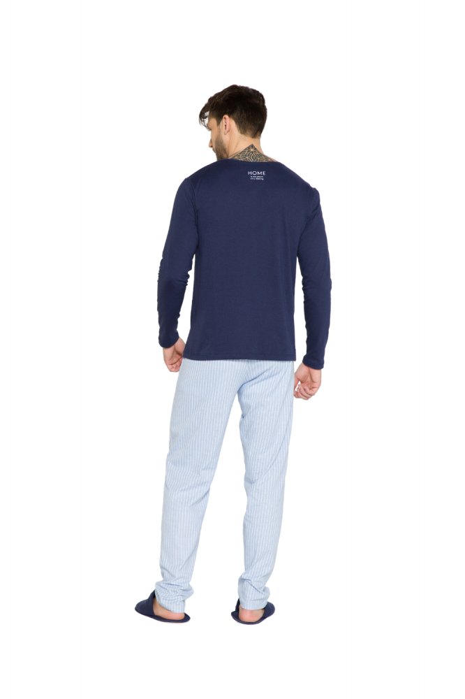 Pijama Masculino em Algodão - Blusa Marinho e Calça azul Claro com Listras Brancas