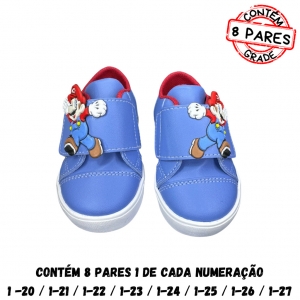(GRADE 8 PÇ) Tênis Starzinho Infantil Velcro Mario (Azul)