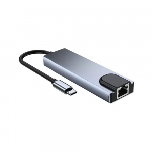 Adaptador 5 em 1 Usb Tipo C Para Rede Rj45 / USB 2.0 e 3.0 / HDMI Knup - KP-AD143