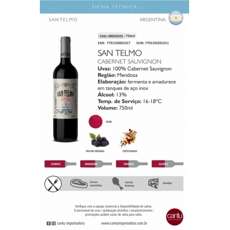 Vinho Argentino San Telmo Cabernet Sauvignon 750 Ml