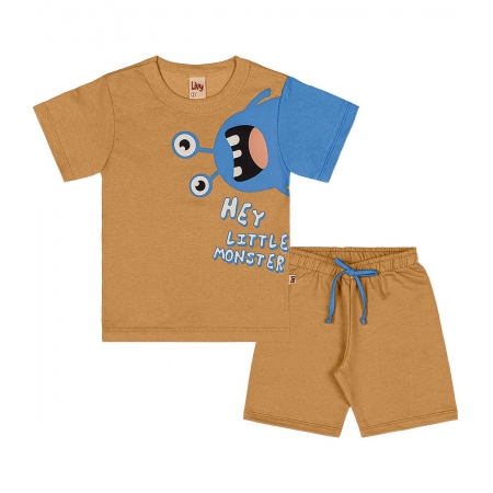 Conjunto Infantil Menino Camiseta Estampa Monster Brilha no Escuro e Bermuda