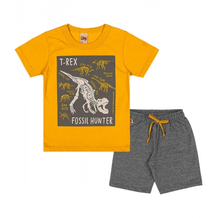 Conjunto  Infantil Menino Camiseta Estampa T-Rex Brilha no Escuro e Bermuda