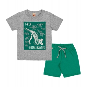 Conjunto  Infantil Menino Camiseta Estampa T-Rex Brilha no Escuro e Bermuda