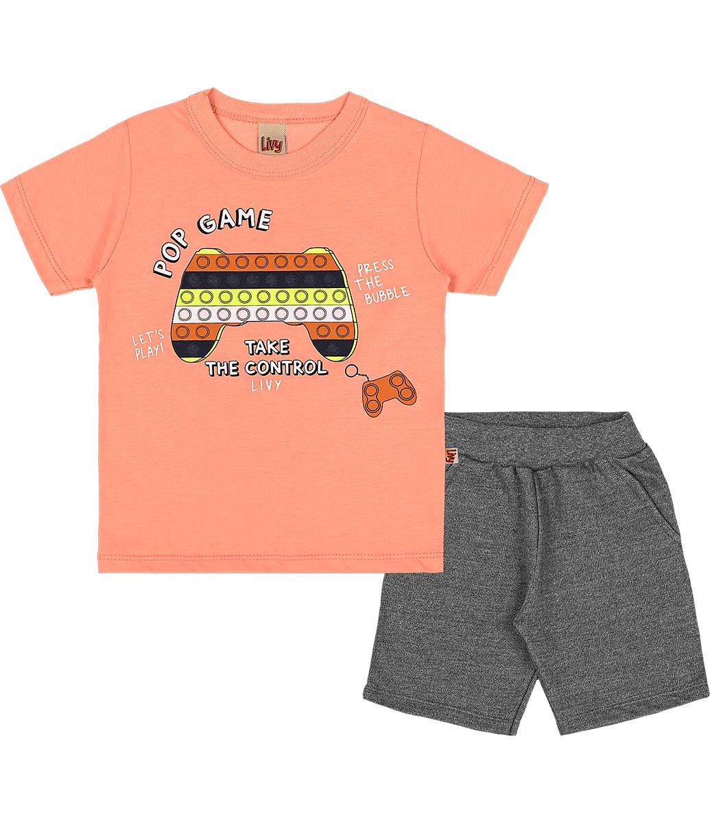 Conjunto Infantil Menino Camiseta Estampa Game e Bermuda com Bolso