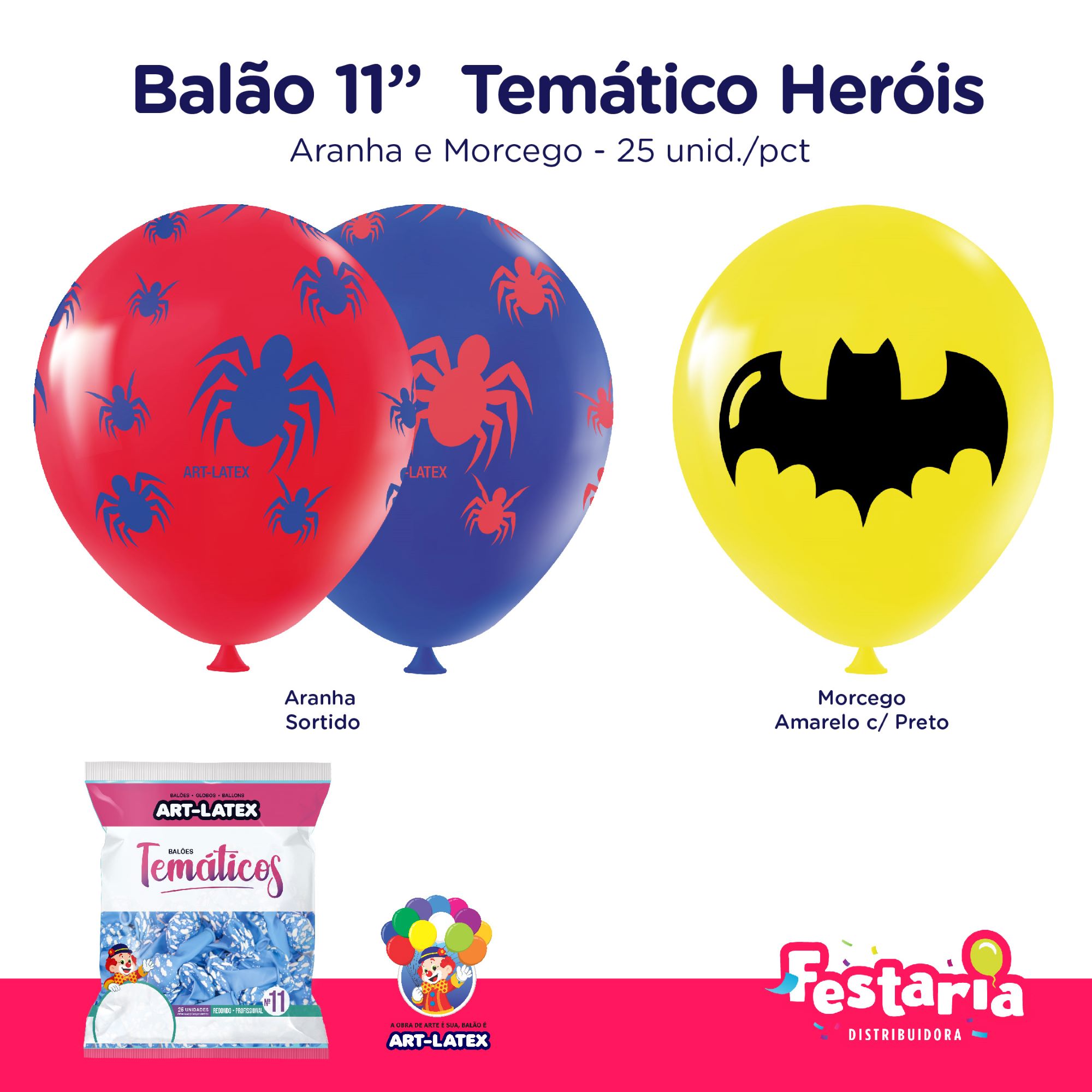 Balão Temático 11" Heróis - 25 Unidades - Art Latex  - Festaria Distribuidora