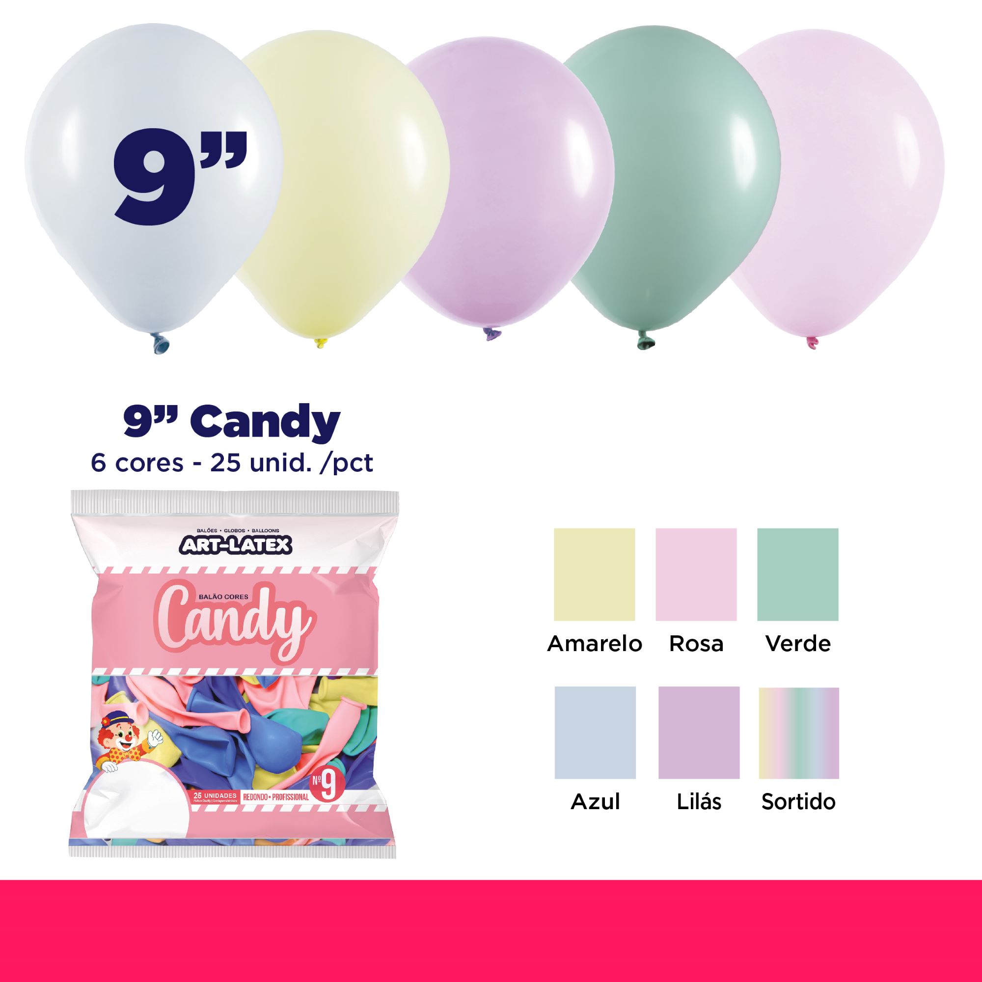 Balão Redondo Candy  9" Profissional - 25 Unidades - Art Latex - Festaria Distribuidora