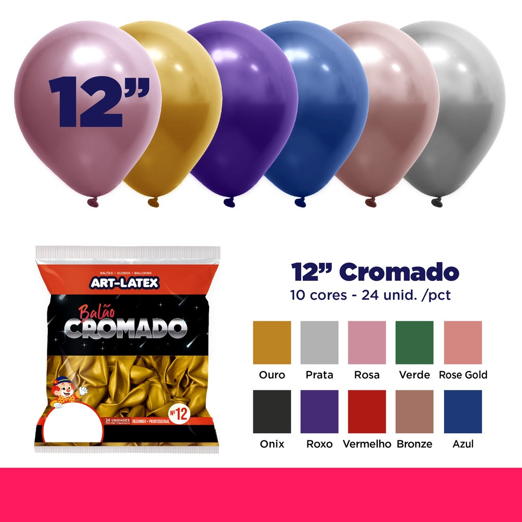 Balão Redondo Cromado 12" Profissional - 24 Unidades - Art Latex - Festaria Distribuidora