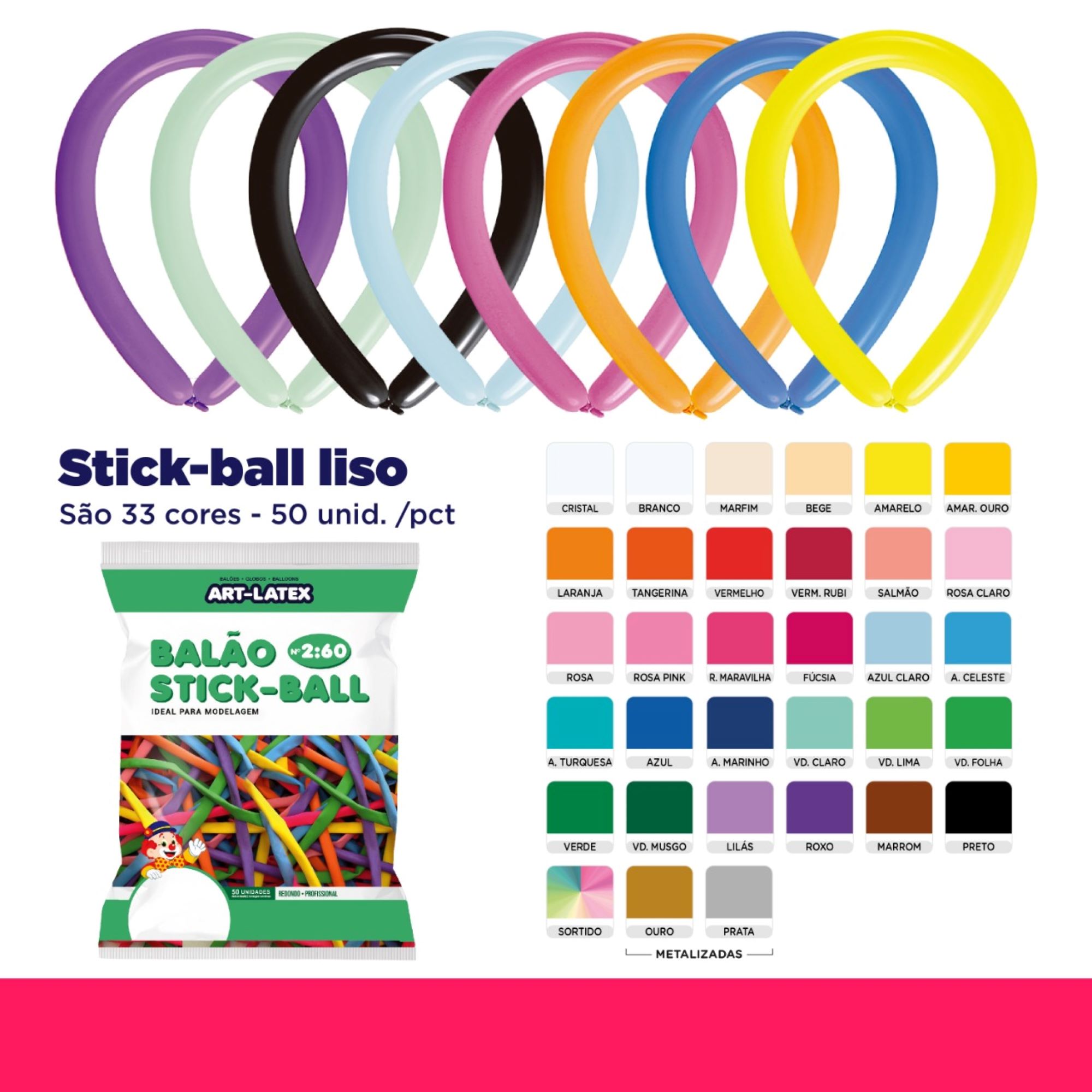 Balão Stick Ball Canudo 260 - 50 Unidades - Art Latex - Festaria Distribuidora