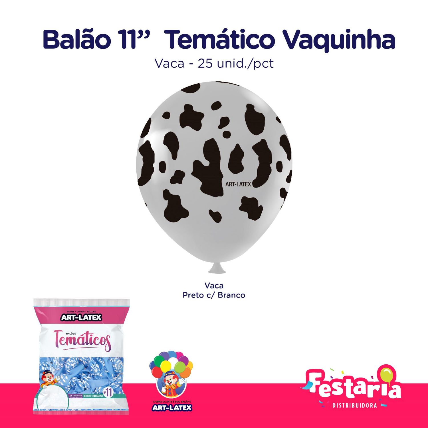 Balão Temático 11" Vaca Vaquinha Fazenda - 25 Unidades - Art Latex  - Festaria Distribuidora