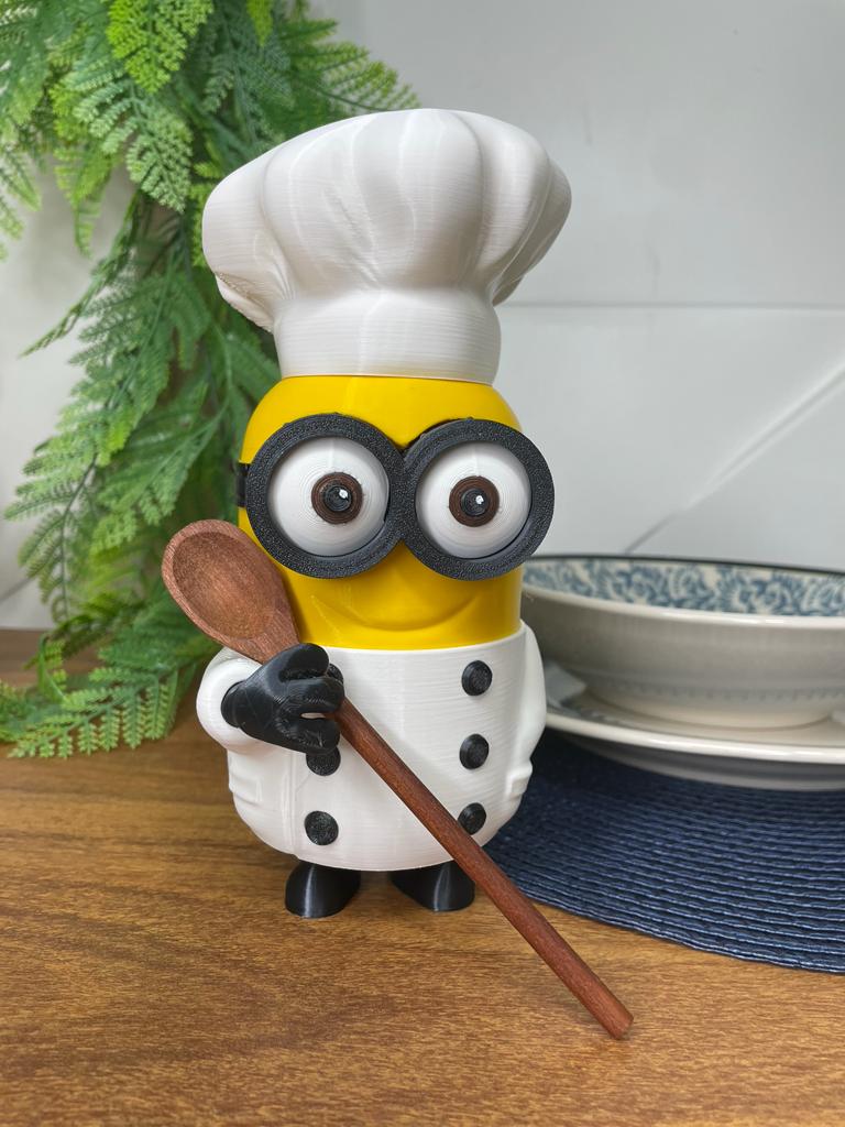 Porta Talher Minions: Bob Chef Segurando Talher, decorativo de cozinha, suporte de colher (incluso mini colher de madeira)