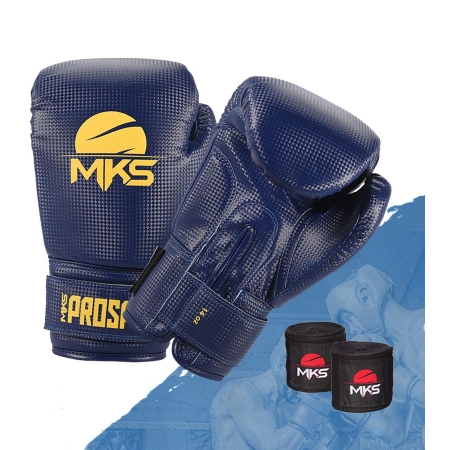 Kit Luva Boxe Muay Thai New Prospect Mks Combat Blue & Yellow com Bandagem Preta