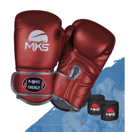 Kit Luva de Boxe MKS Energy V2 Metalic Red e Bandagem Preta 2,55m