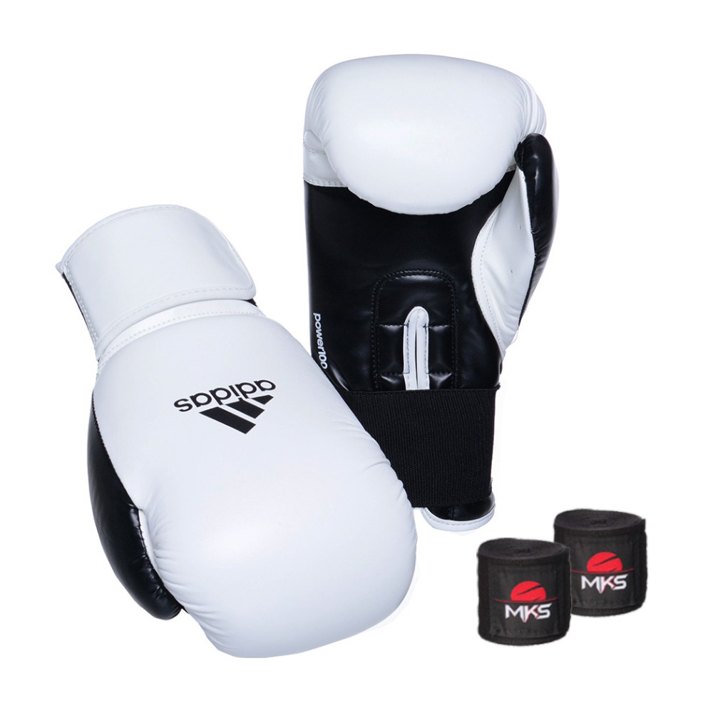 Kit Boxe Muay Thai Luva Power Colors Branco/Preto e Bandagem Preta 2,55m