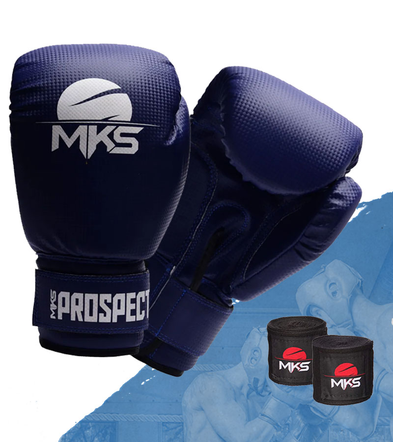 Kit Luva Boxe New Prospect Mks Combat Azul com Bandagem Preta