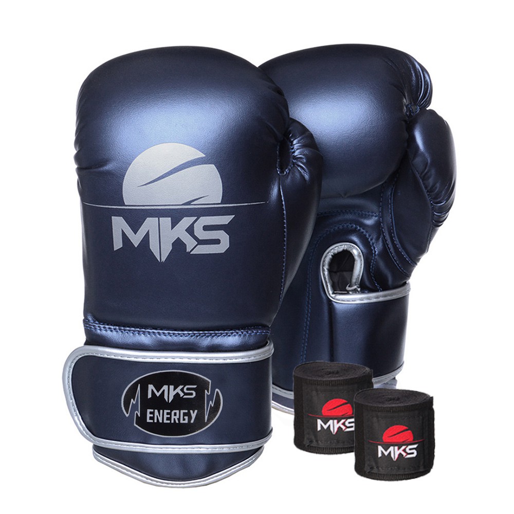 Kit Luva de Boxe MKS Energy V2 Metalic Blue e Bandagem Preta 2,55m