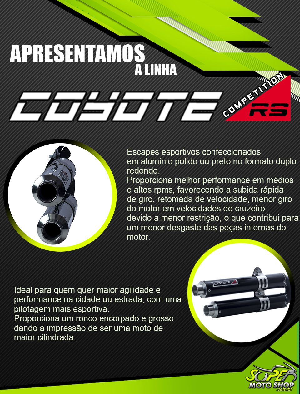 Escape / Ponteira Coyote Competition Duplo em Alumínio - CG 125 Titan ES 2000 até 2004 - Honda