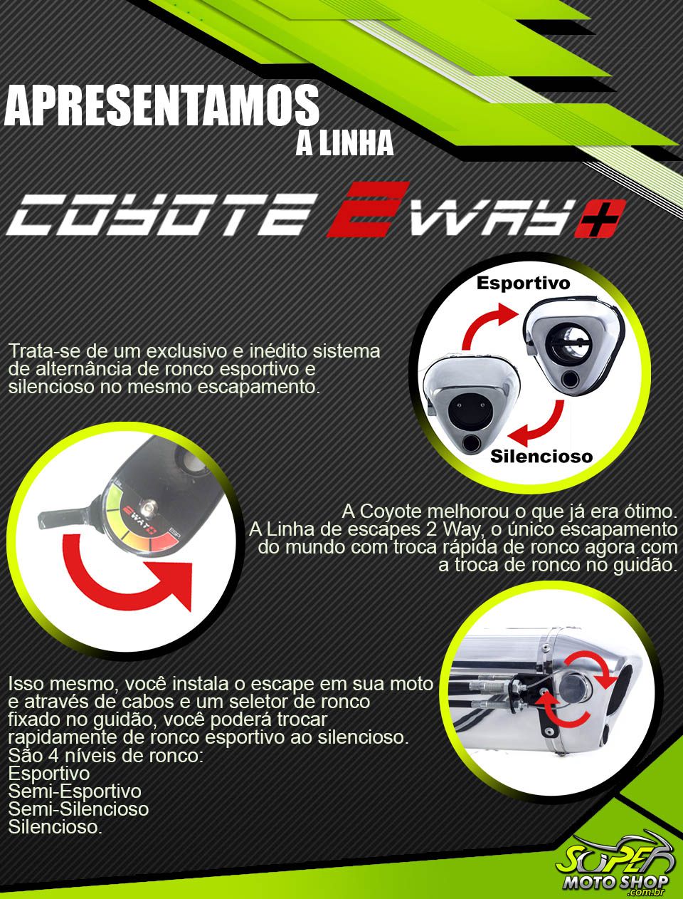 Escape / Ponteira Coyote Modelo TRS 2 Way + Mais em Alumínio - CG 160 Fan / Start 160 ano 2018 em Diante (Freio Combinado) - Honda