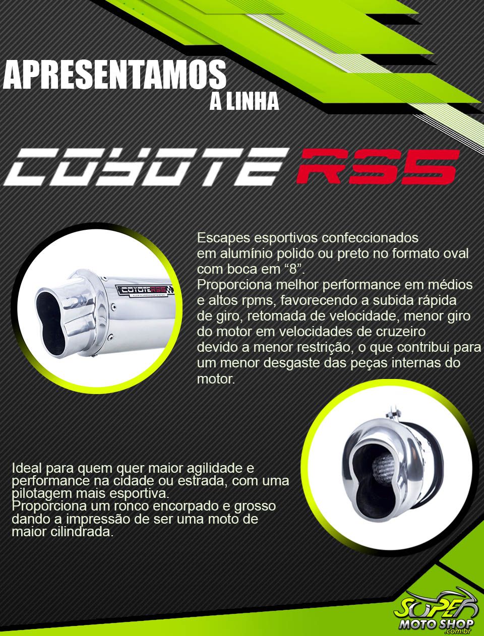 Escape / Ponteira Coyote RS5 Boca 8 Aluminio Oval - YBR 150 Factor - Yamaha