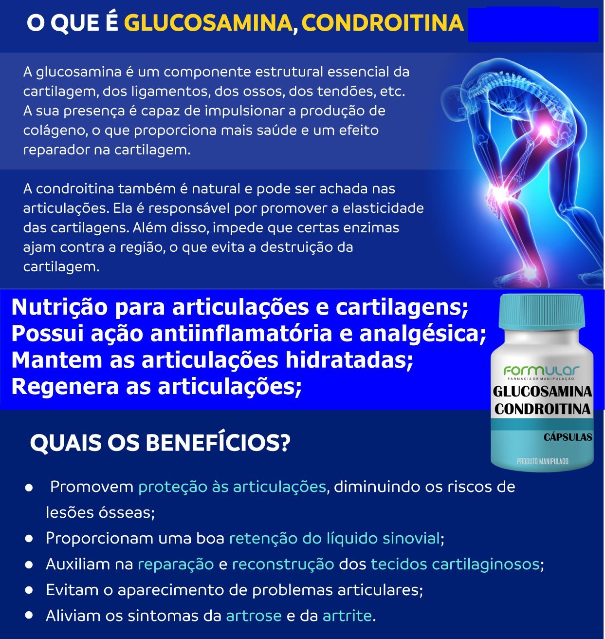 Glucosamina 500 Mg + Condroitina 400Mg + MSM 500mg - Cápsulas (Regenera as articulações)
