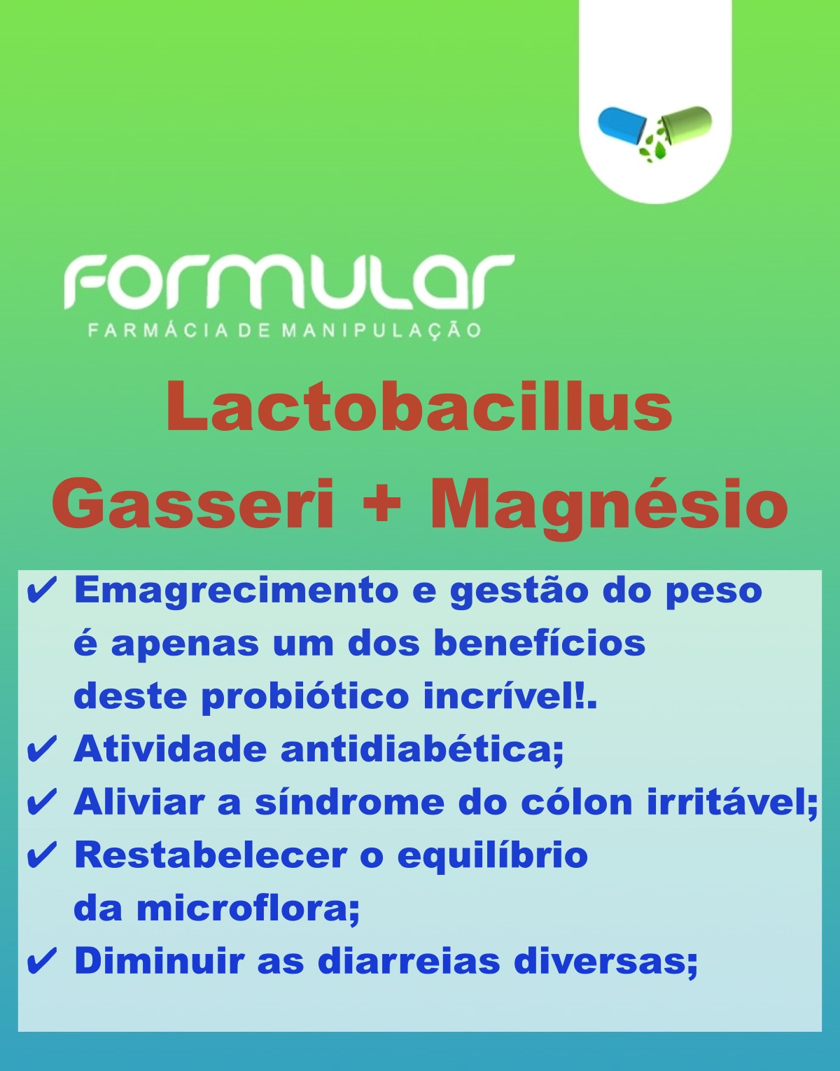 Probióticos Gasseri 12 Bilhões + Magnésio 350mg -  Cápsulas - lactobacillus