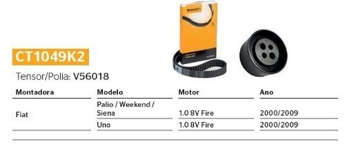 Kit Correia Dentada e Tensor: Fiat Uno, Palio, Siena e Weekend 1.0 8V FIRE CT1049K2  - SONNIC PARTS
