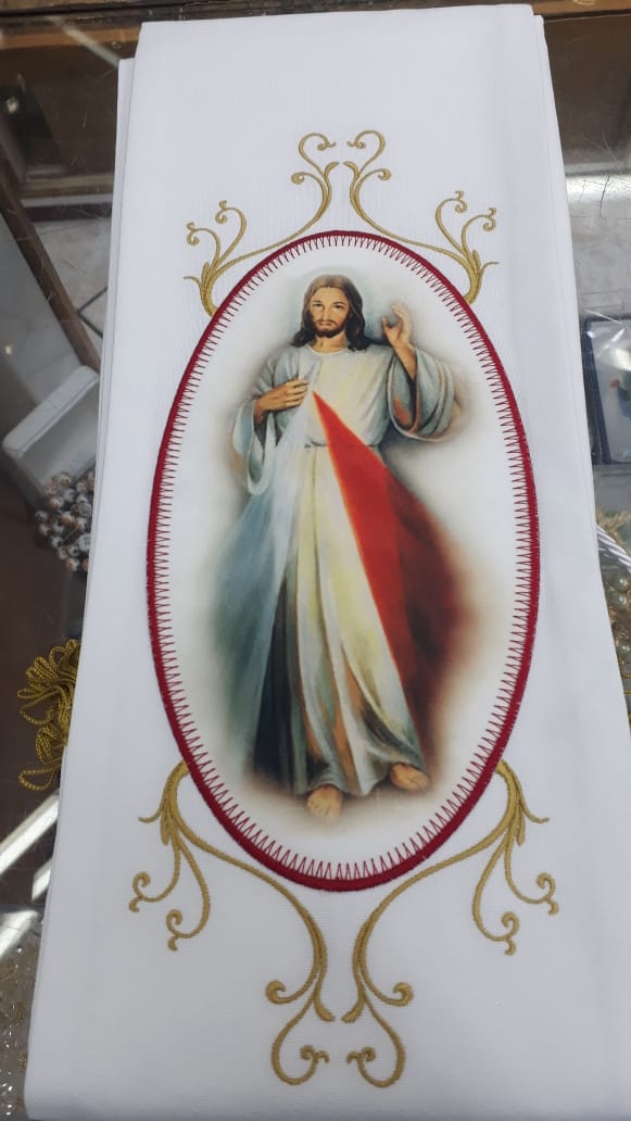 Estola Jesus Misericordioso Branca Bordada  - VindVedShop - Distribuidora Catolica