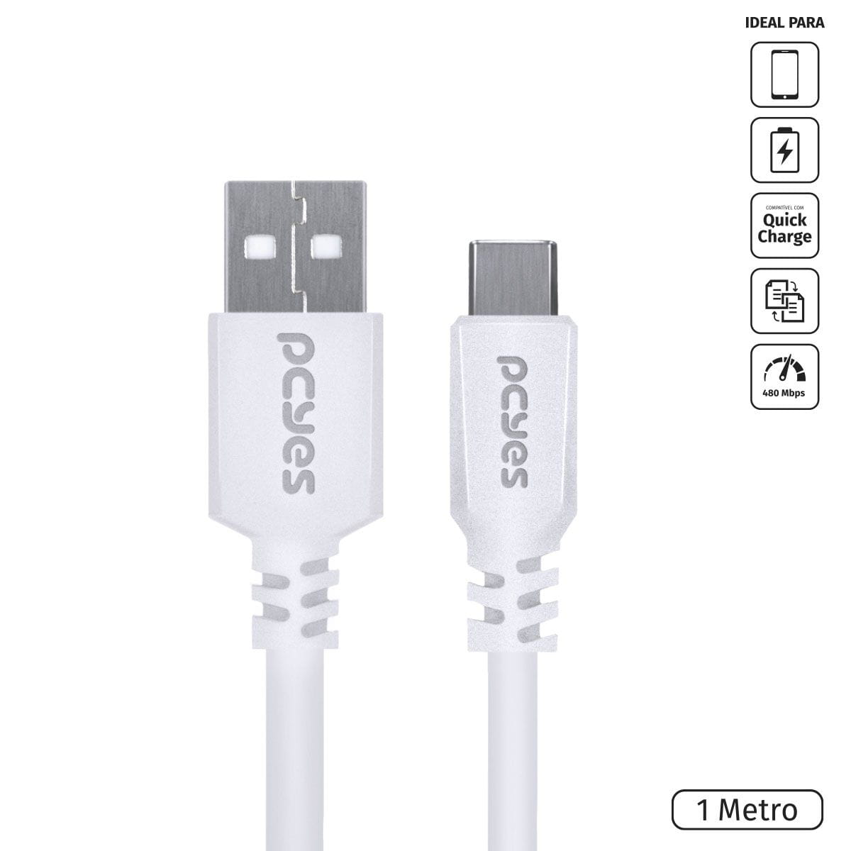 Cabo USB Tipo A 2.0 para USB Tipo C para Celular 1M Branco PUACB-01 PCYes! - PC FLORIPA