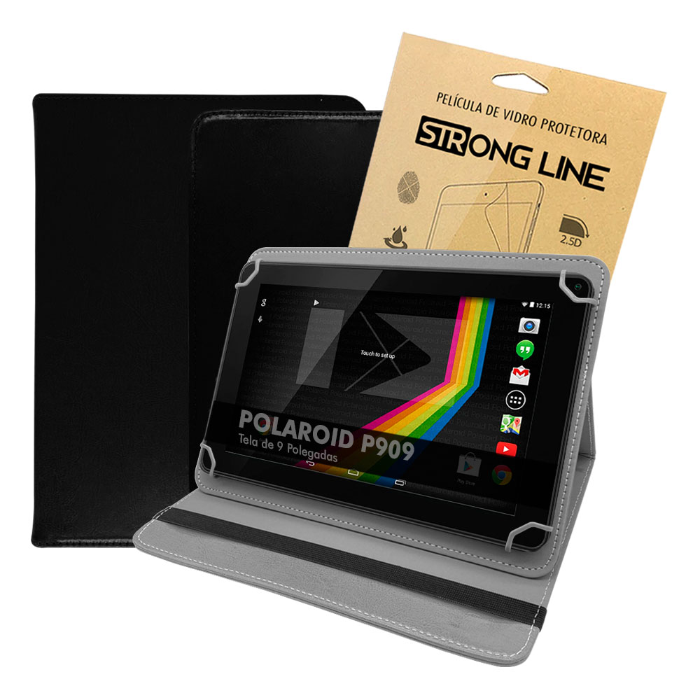 Kit Capa Tablet Polaroid P909 Tela 9 Polegadas Pasta Suporte Protetora Case Reforçada + Pelicula