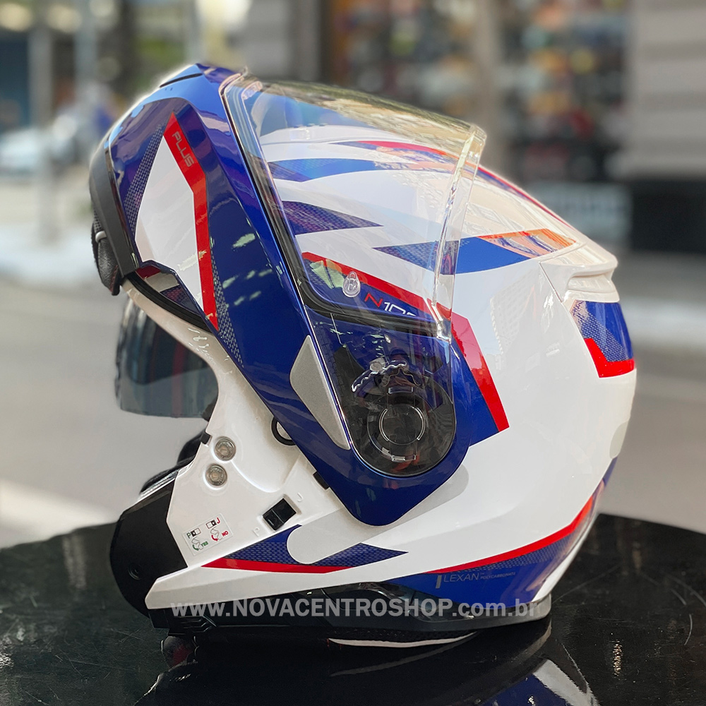 Capacete Nolan N100-5 Plus Overland - Branco/Azul/Vermelho (35) - c/ Viseira Interna - Nova Centro Boutique Roupas para Motociclistas
