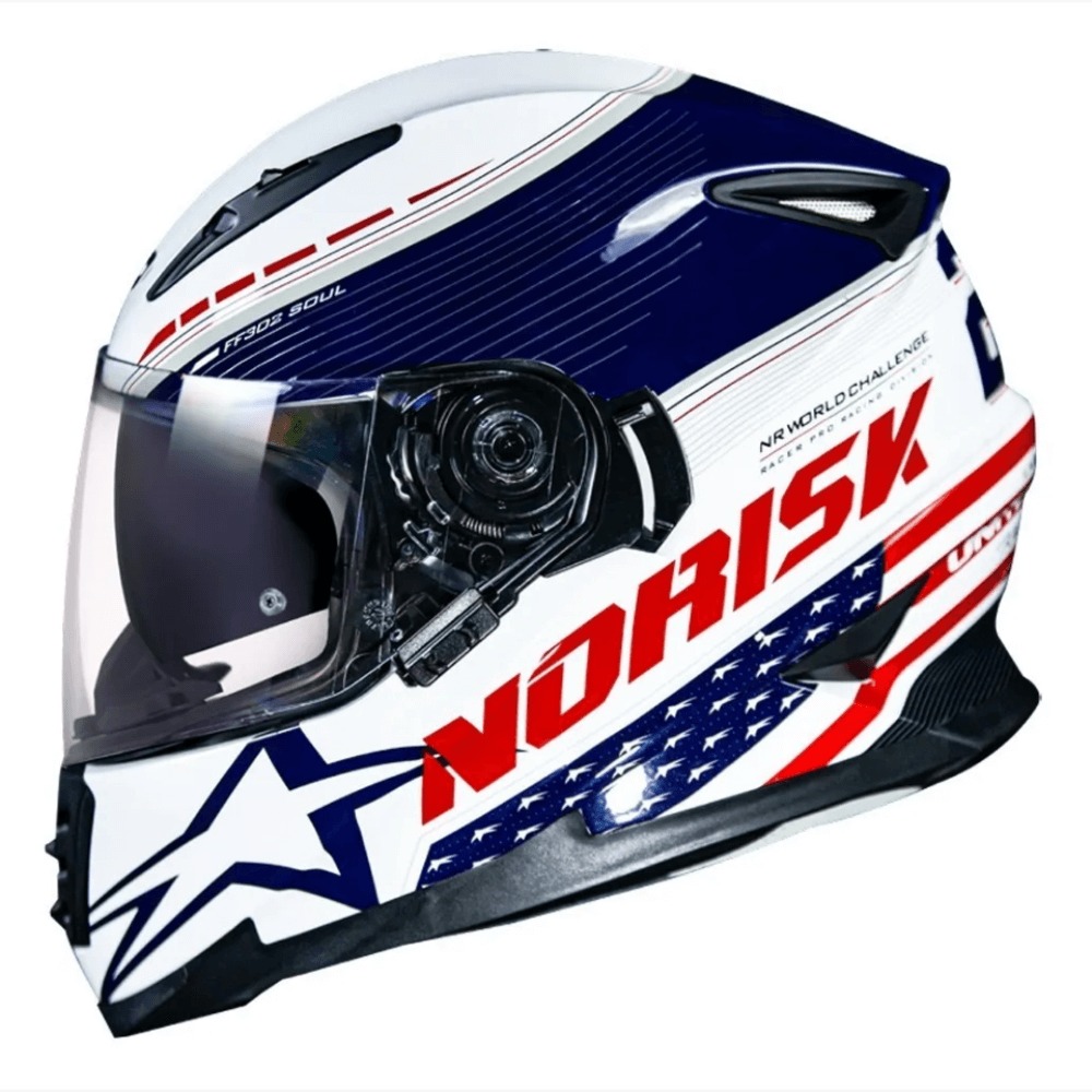 Capacete Norisk FF302 Soul Grand Prix Usa - Branco/Preto/Azul - C/ Viseira Interna - Nova Centro Boutique Roupas para Motociclistas