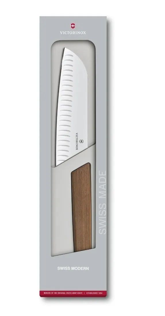 Faca Santoku lâmina 17cm com sulcos linha Swiss Modern cabo nogueira Victorinox  - Mix Eletro
