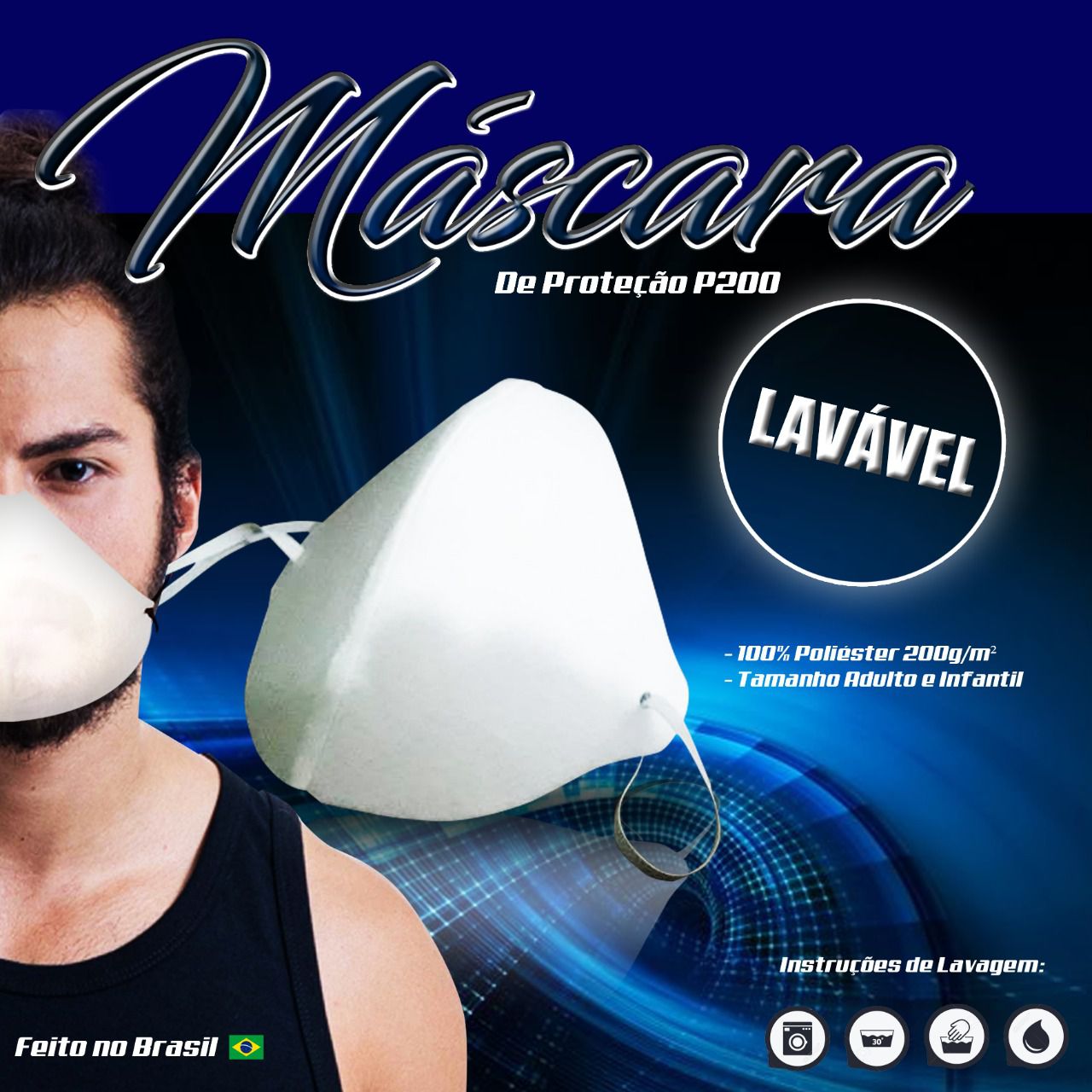 Máscara De Proteção lavável poliéster 200g/m2 leve e resistente Branca 10 unidades - Mix Eletro