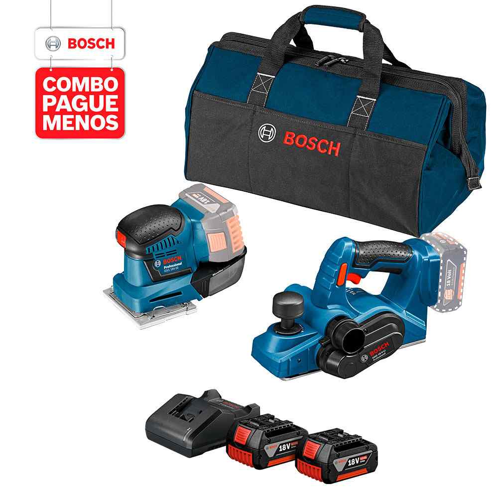 Combo Pague Menos Bosch 18V - Plaina + Lixadeira + 2 Bat+ Carre.+ Bolsa