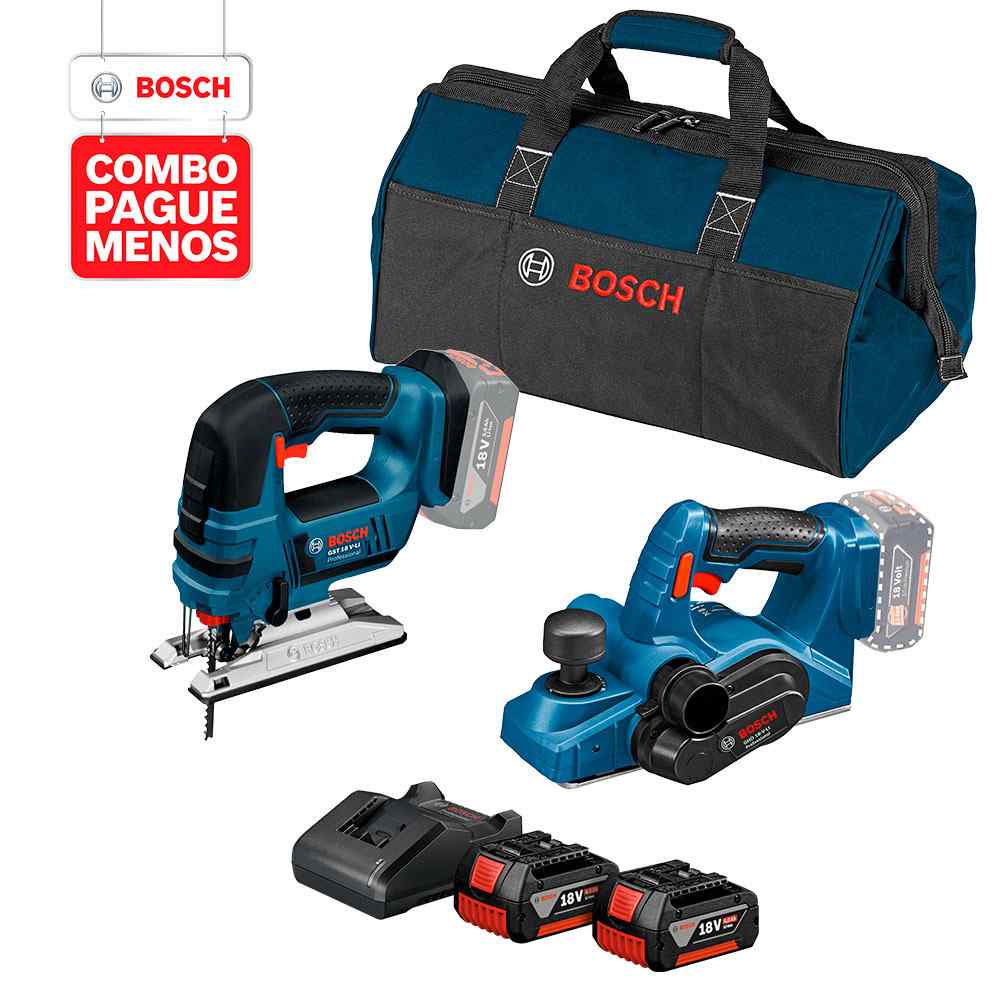 Combo Pague Menos Bosch 18V - Plaina + Serra Tico-Tico + 2 Bat+ Carre.+ Bolsa