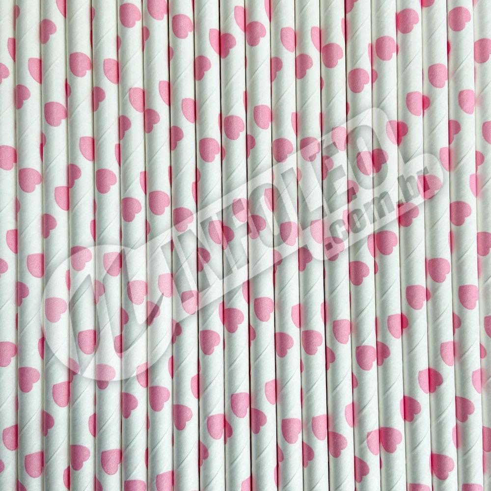 Canudo de Papel Branco com Coração Rosa 6mmx200mm - 4363 - 20 unidades