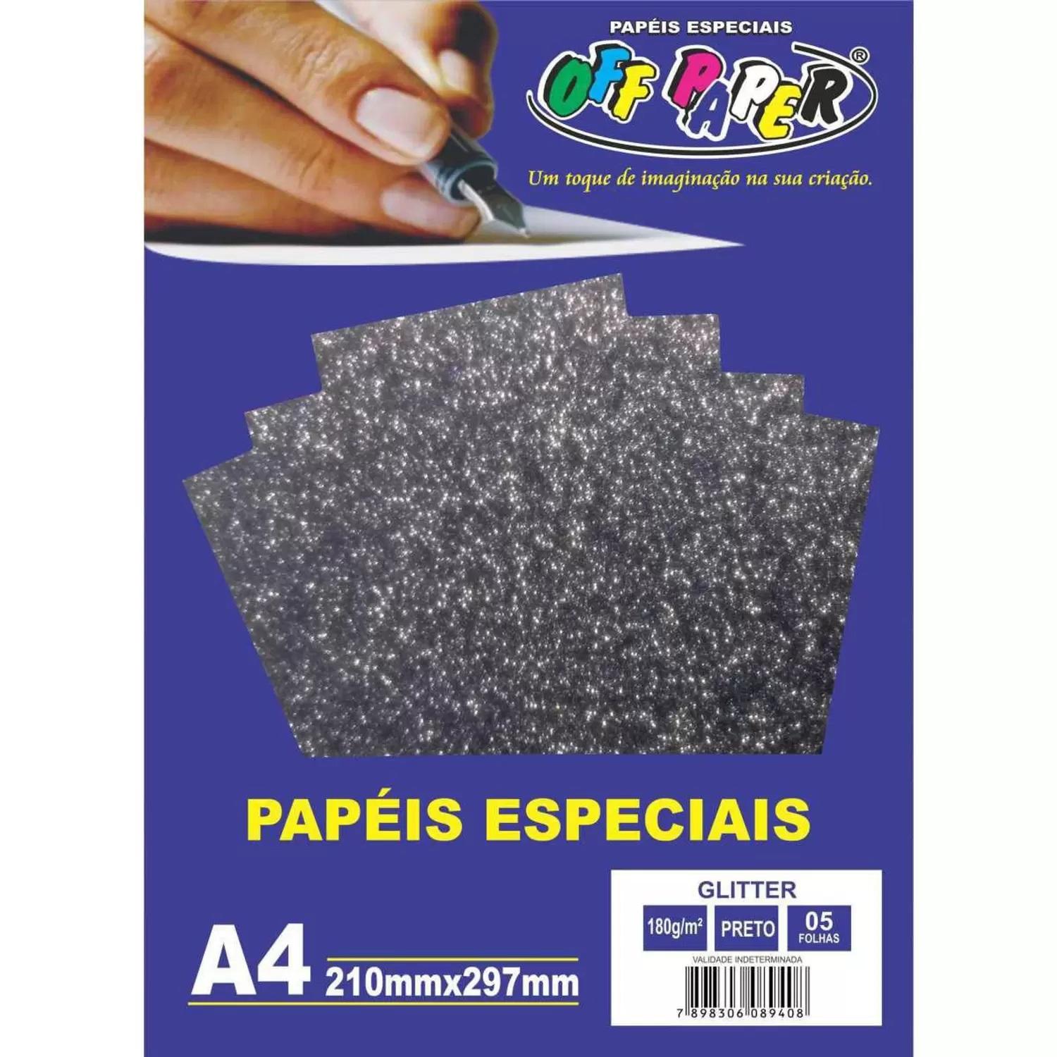 Papel Glitter A4 180g Preto Off Paper - 5 Folhas