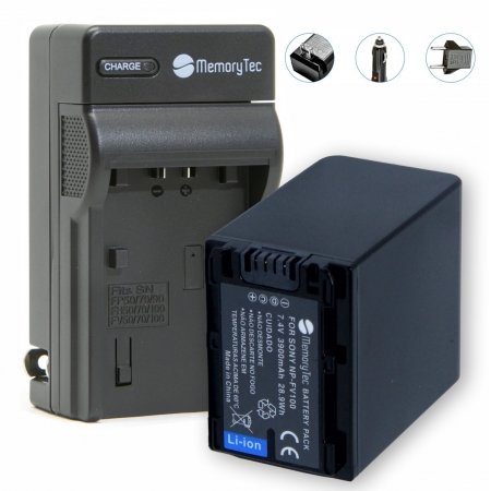 Kit Bateria NP-FV100 para câmera digital e filmadora Sony HDR-XR160E, HDR-PJ50VE, DCR-SR77E, DCR-HC85E