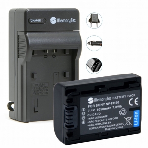 KIT Carregador + Bateria NP-FH50 1050mAh para Sony DCR-DVD106, DCR-DVD208, DCR-DVD306, DCR-HC37, DCR-HC38