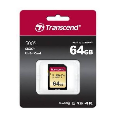 Cartão de Memória SDXC 64GB TRANSCEND CL10 UHS-I U3 500S 95MB/S 4 K
