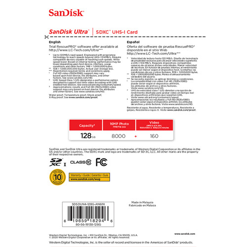 Cartão de Memória SDXC Sandisk 128GB Ultra 120mb/s Classe 10