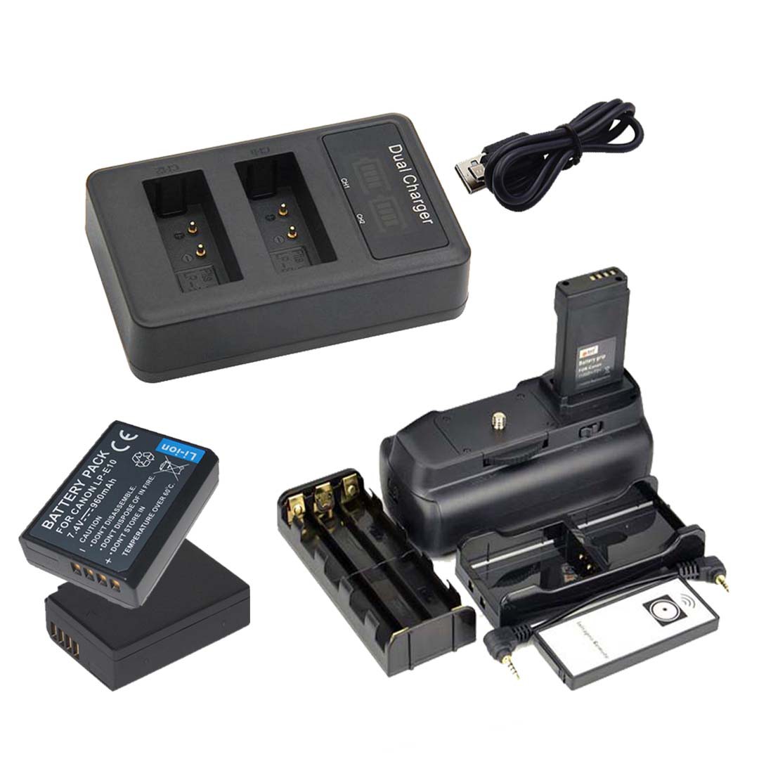 Kit Battery Grip 1100DH + 2 Baterias LP-E10 + Carregador Duplo Para Canon EOS Rebel T5 T6 T7
