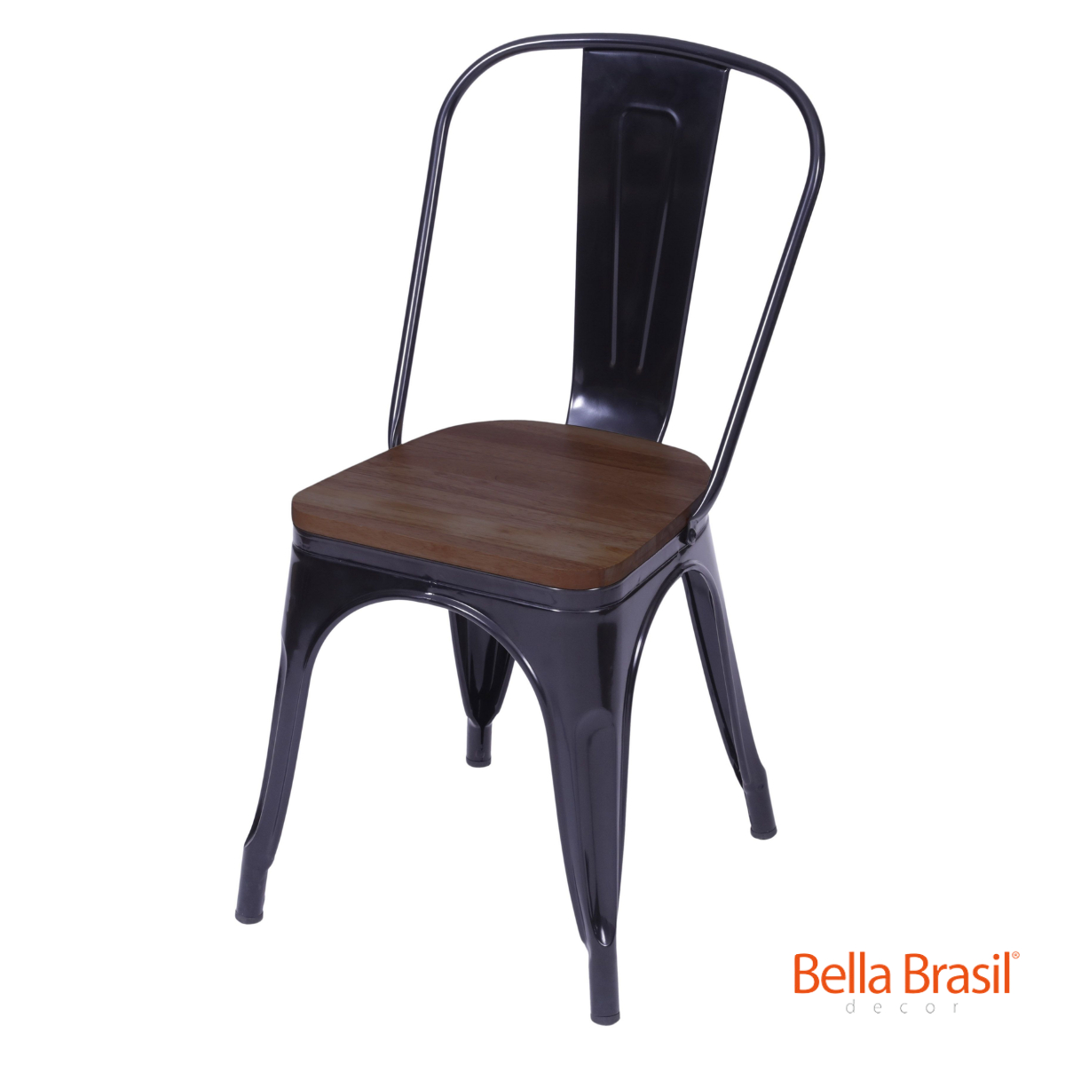 Cadeira Tolix Iron com Assento Madeira Escuro Com Pintura Epóxi - Bella Brasil Decor