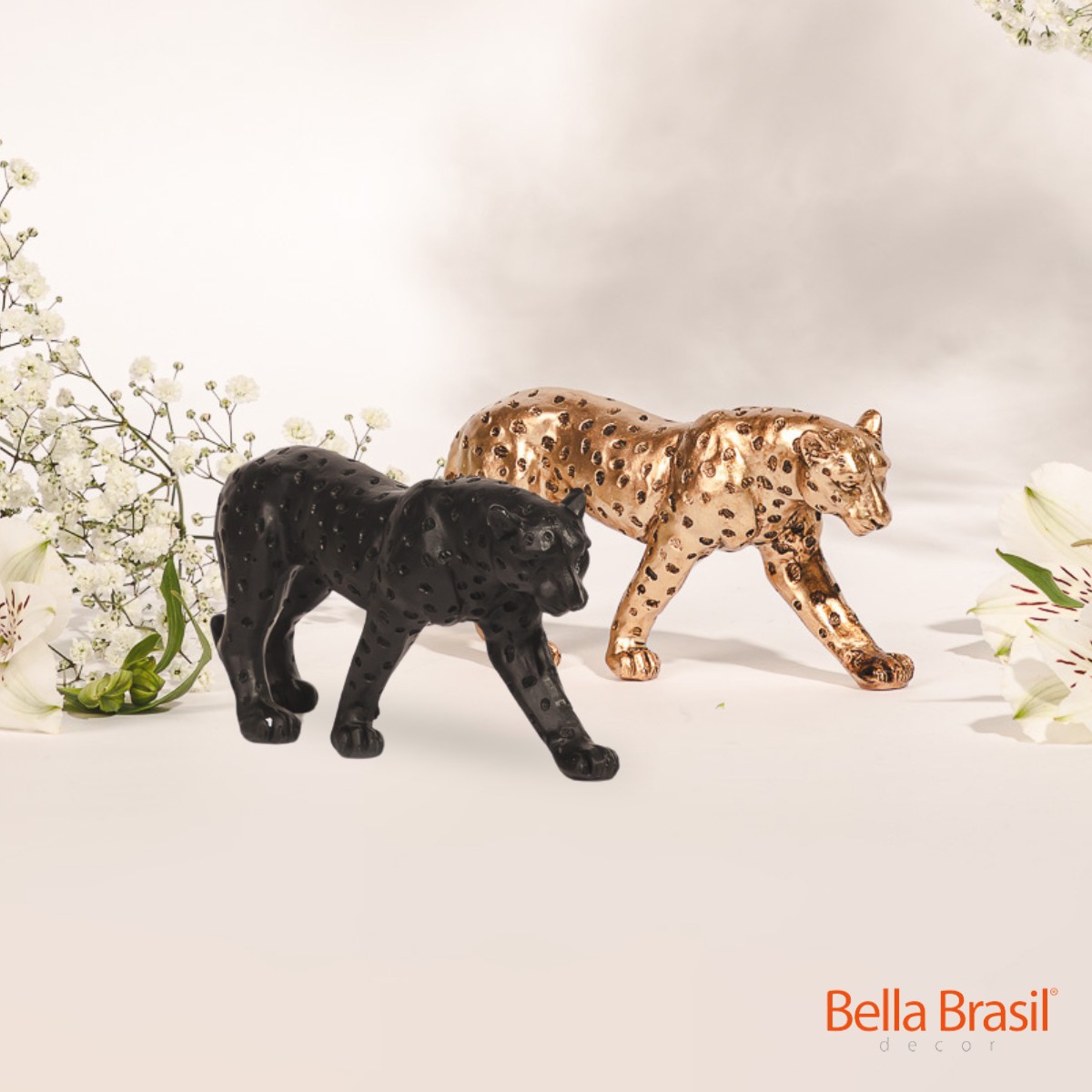 Escultura Leopardo Obsidiana em Polirresina - Bella Brasil Decor