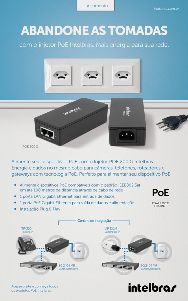 Injetor PoE IEEE 802.3af/at Bivolt Intelbras acesso via internet PoE 200 AT - JS Soluções em Segurança