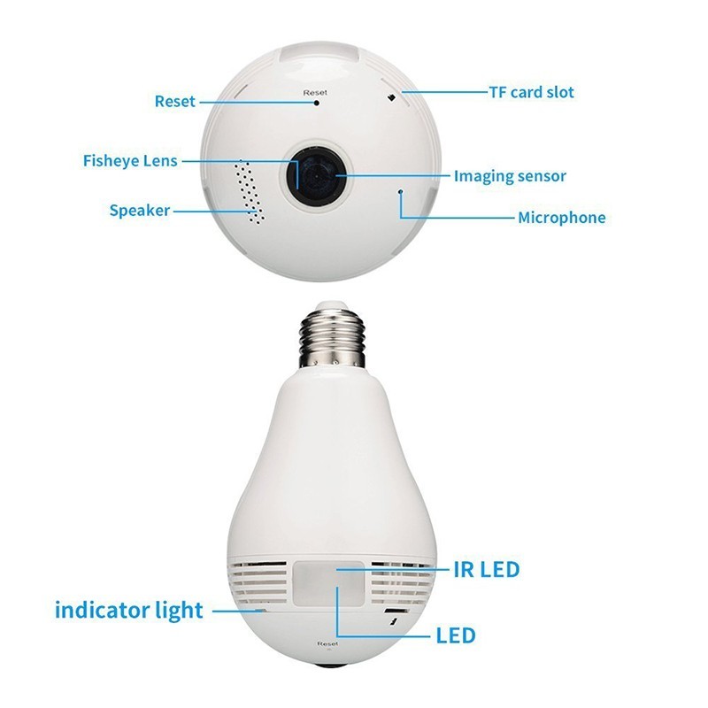 Câmera panorâmica fisheye lâmpada 360º WiFi IP 1.3 megas bivolt fotocelula Onvif 2.1 960p  - JS Soluções em Segurança