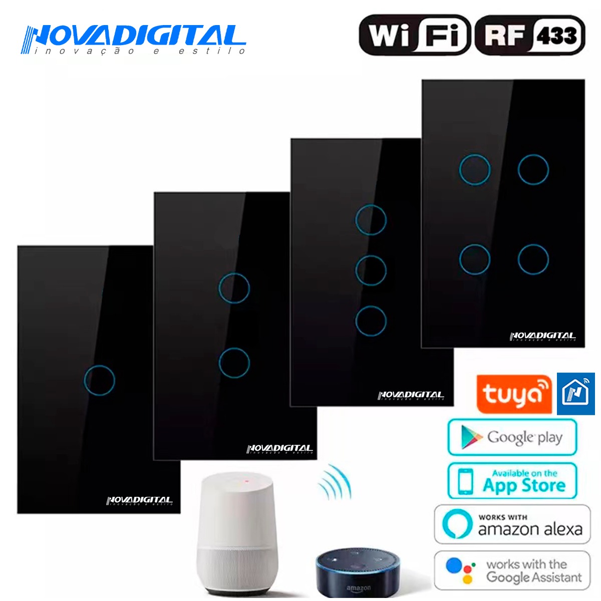 Interruptor inteligente 4 Botões touch screen Wi-Fi preto RF 433.92 Mhz WS-US4-B Novadigital